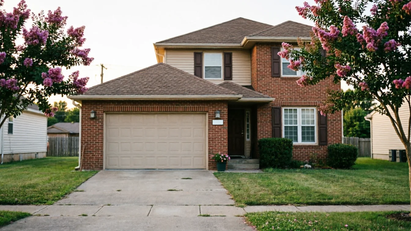 A two-story brick house has a tan garage door and a brown roof.