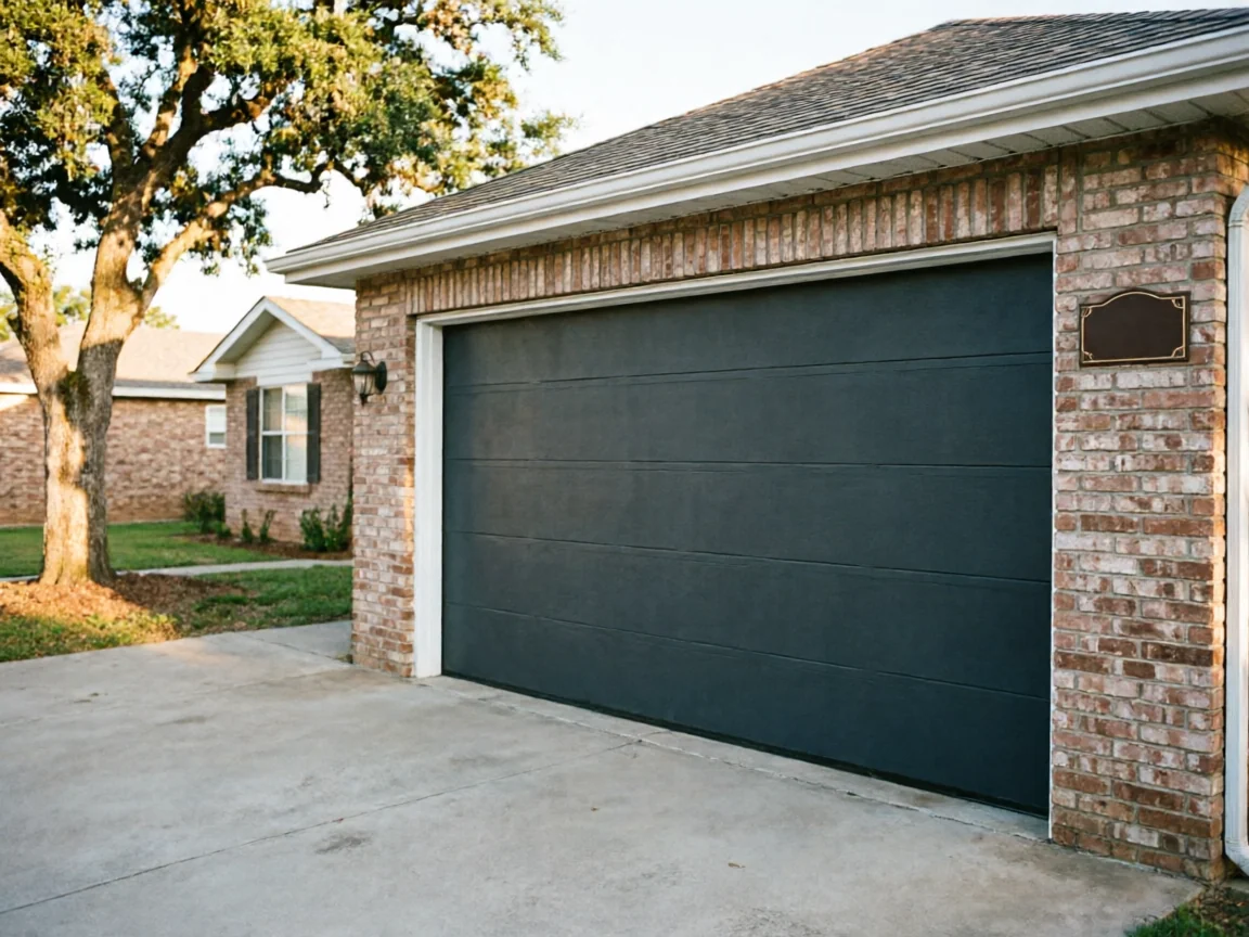 A dark gray garage door is on a brick house with a large tree.